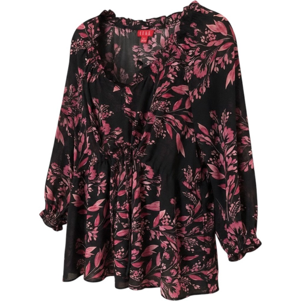 Elle Women 2X Black Pink Floral Chiffon Blouse Smocked Neck Drawstring Waist Top